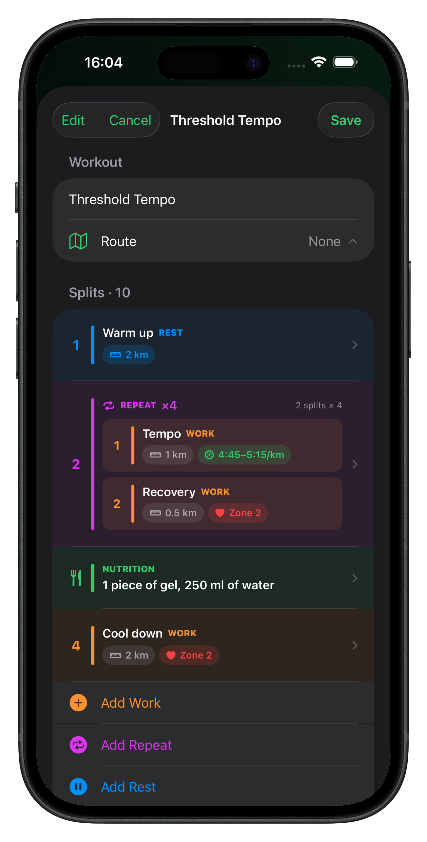 Vanoor structured workout editor on iPhone